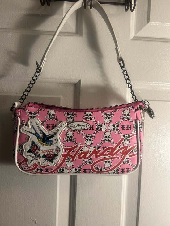 Ed Hardy Handbags - Ed Hardy Pink Skull and Bird Print Y2K Shoulder Bag with Chain Strap